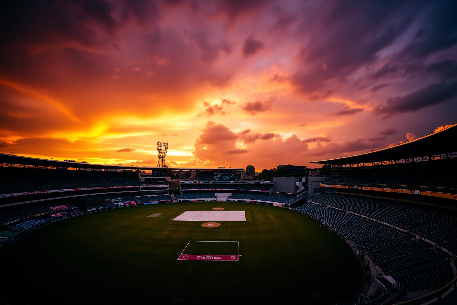 Cricket stadium at sunset